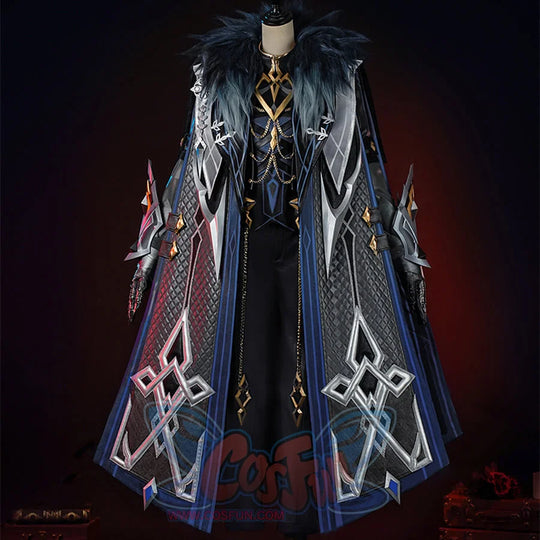 Genshin Impact Il Capitano cosplay complete outfit balances embroidered fur-collar overcoat above patterned vest and black.