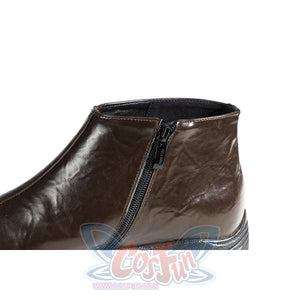 Captain Steve Rogers cosplay boots traces the side zipper along brown faux leather texture.