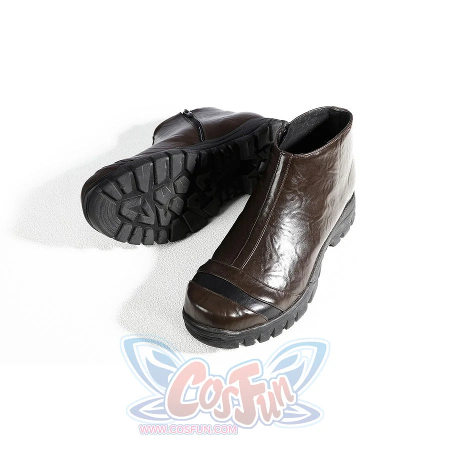 Captain Steve Rogers cosplay boots lifts the black tread sole beside the brown boot shaft.