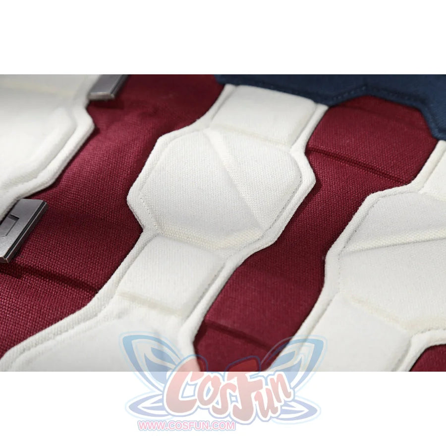 Captain Steve Rogers cosplay costume traces white armor panels over red torso fabric.