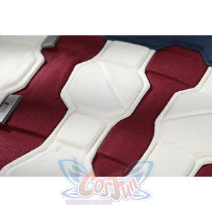 Captain Steve Rogers cosplay costume traces white armor panels over red torso fabric.
