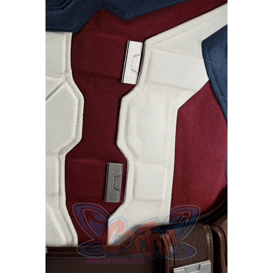 Captain Steve Rogers cosplay costume traces red and white abdomen panels above the belt.