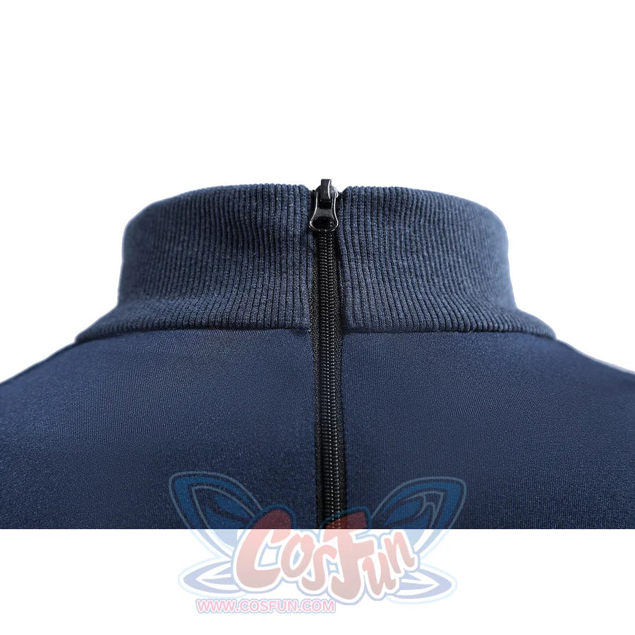 Captain Steve Rogers cosplay costume centers the rear zipper below the ribbed collar.