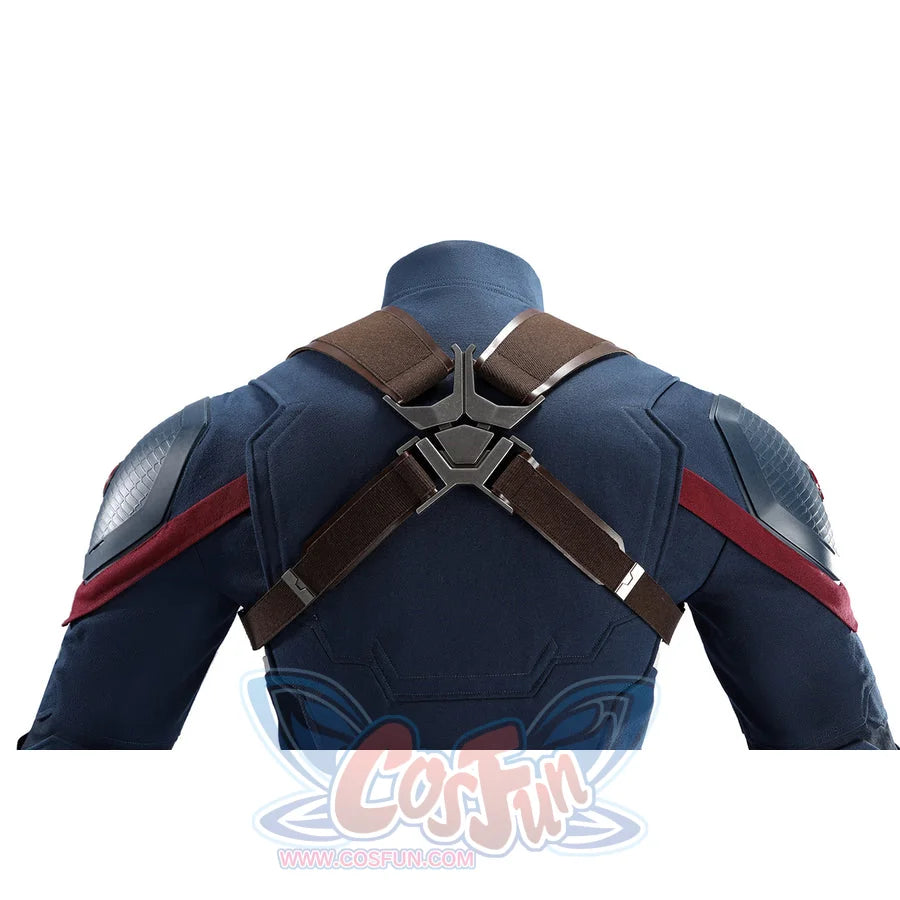 Captain Steve Rogers cosplay costume links crossed brown straps across the rear blue panel.