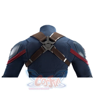 Captain Steve Rogers cosplay costume links crossed brown straps across the rear blue panel.