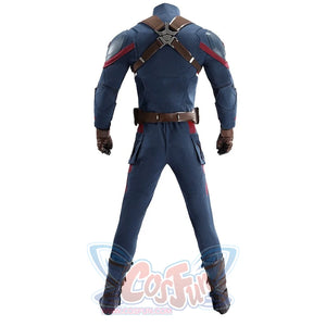 Captain Steve Rogers cosplay costume turns brown harness straps across the blue back panel.