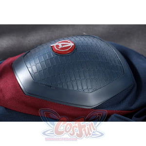 Captain Steve Rogers cosplay costume turns the base suit back below red shoulder stripes.