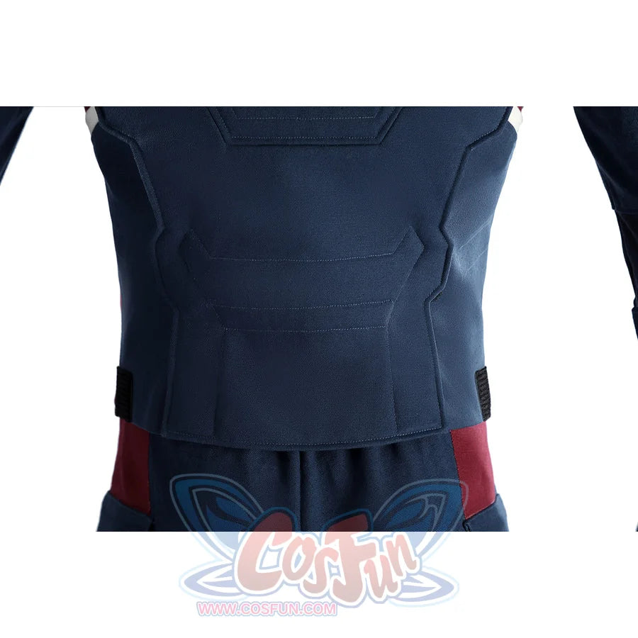 Captain Steve Rogers cosplay costume frames the rear waist seam on the blue base suit.