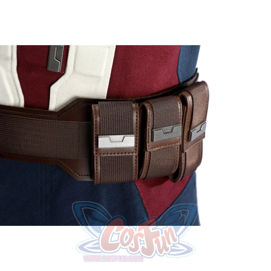 Captain Steve Rogers cosplay costume sets front belt pouches across red and blue panels.