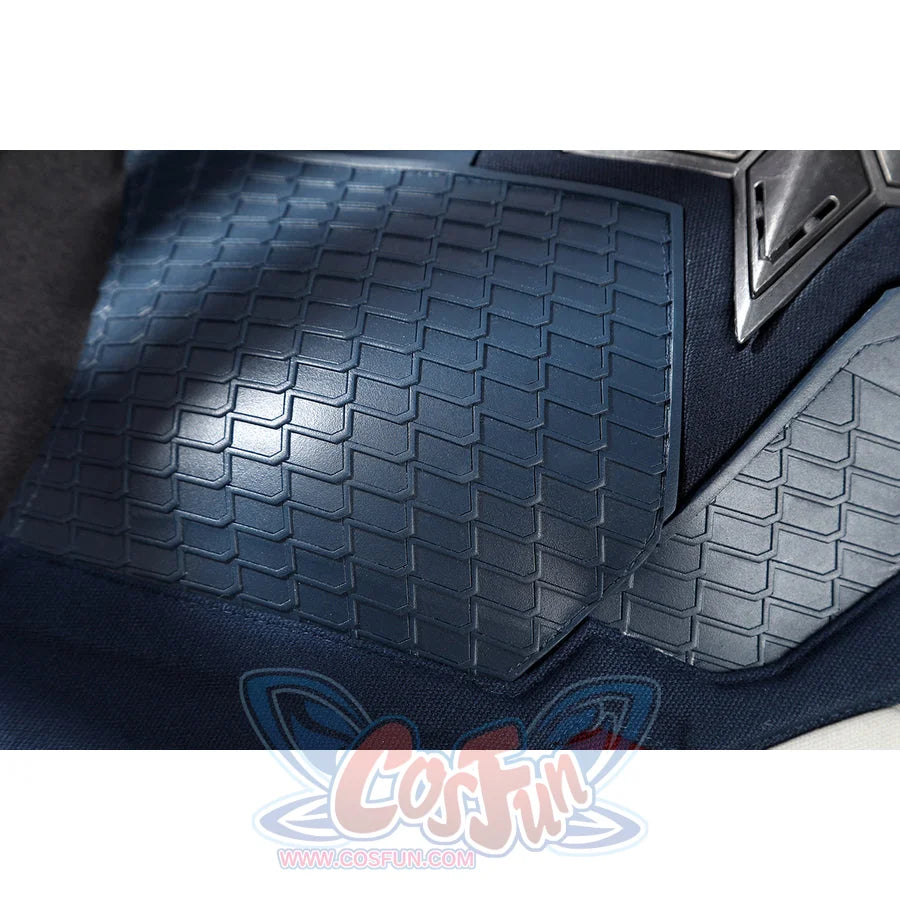 Captain Steve Rogers cosplay costume centers blue scaled armor texture near the chest star.