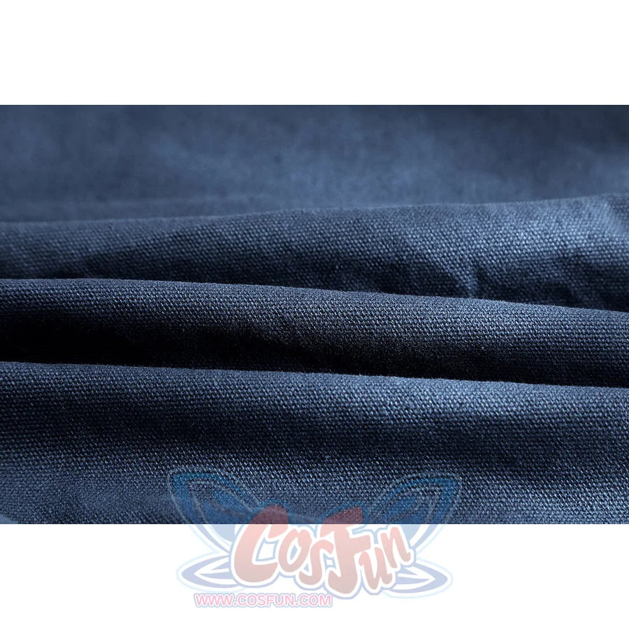 Captain Steve Rogers cosplay costume lays blue cloth texture in soft folds across the suit fabric detail.