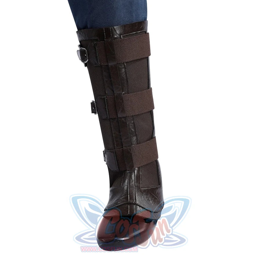 Captain Steve Rogers cosplay costume stacks brown boot straps over a dark boot shaft.