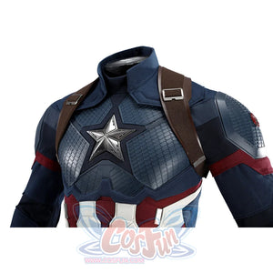 Captain Steve Rogers cosplay costume angles the chest star below brown shoulder straps.