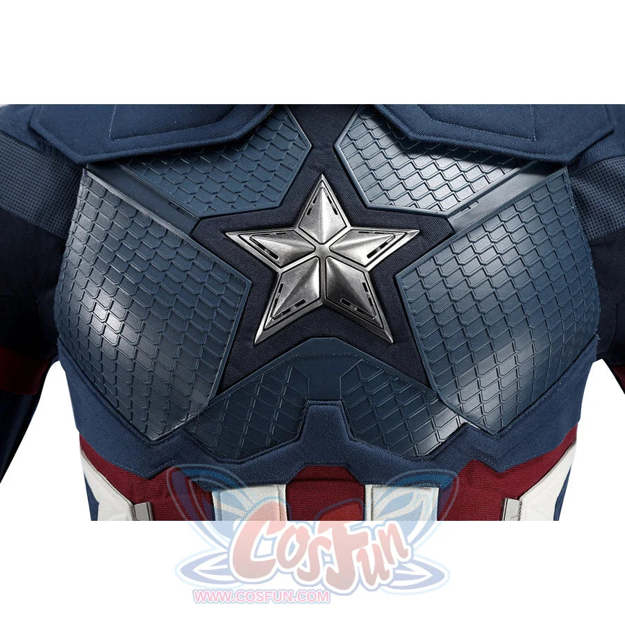 Captain Steve Rogers cosplay costume centers the silver star and textured blue chest panels.
