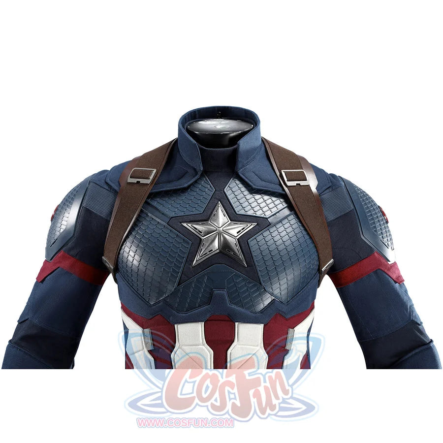 Captain Steve Rogers cosplay costume frames the silver chest star over blue textured armor.
