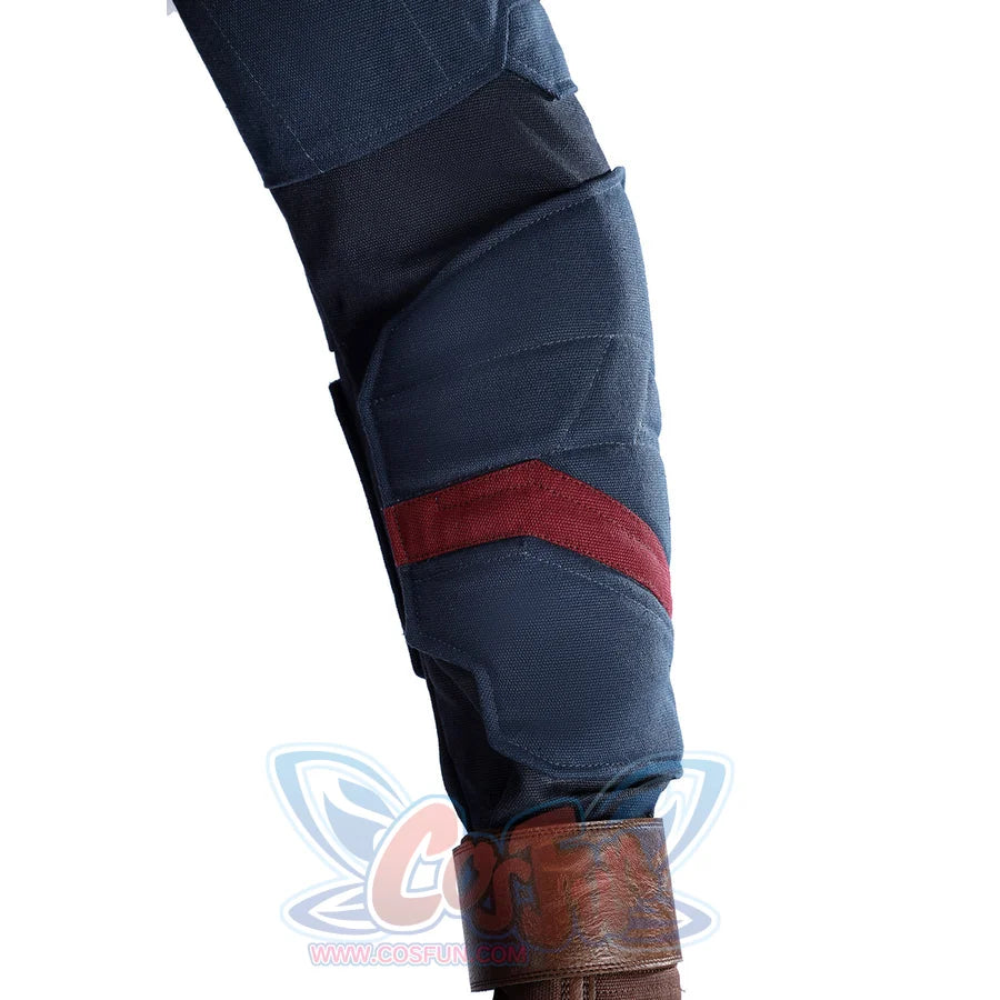 Captain Steve Rogers cosplay costume sets the blue elbow pad above a brown wrist cuff.