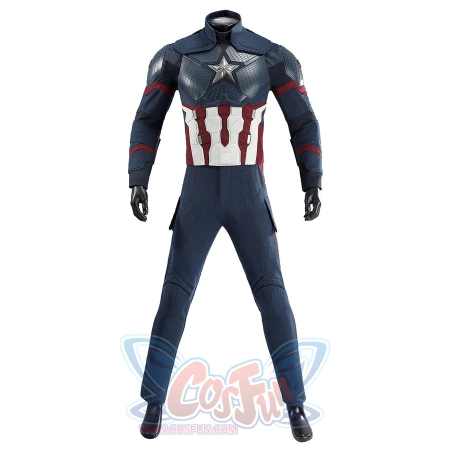 Captain Steve Rogers cosplay costume sets the sleeveless blue base suit above dark pants.