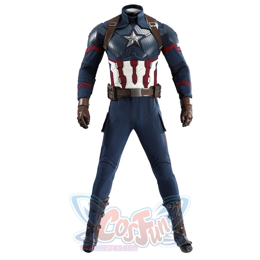 Captain Steve Rogers cosplay costume centers the chest star above red and white torso panels.