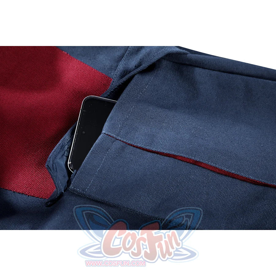 Captain Steve Rogers cosplay costume centers the fitted blue torso and pant legs.