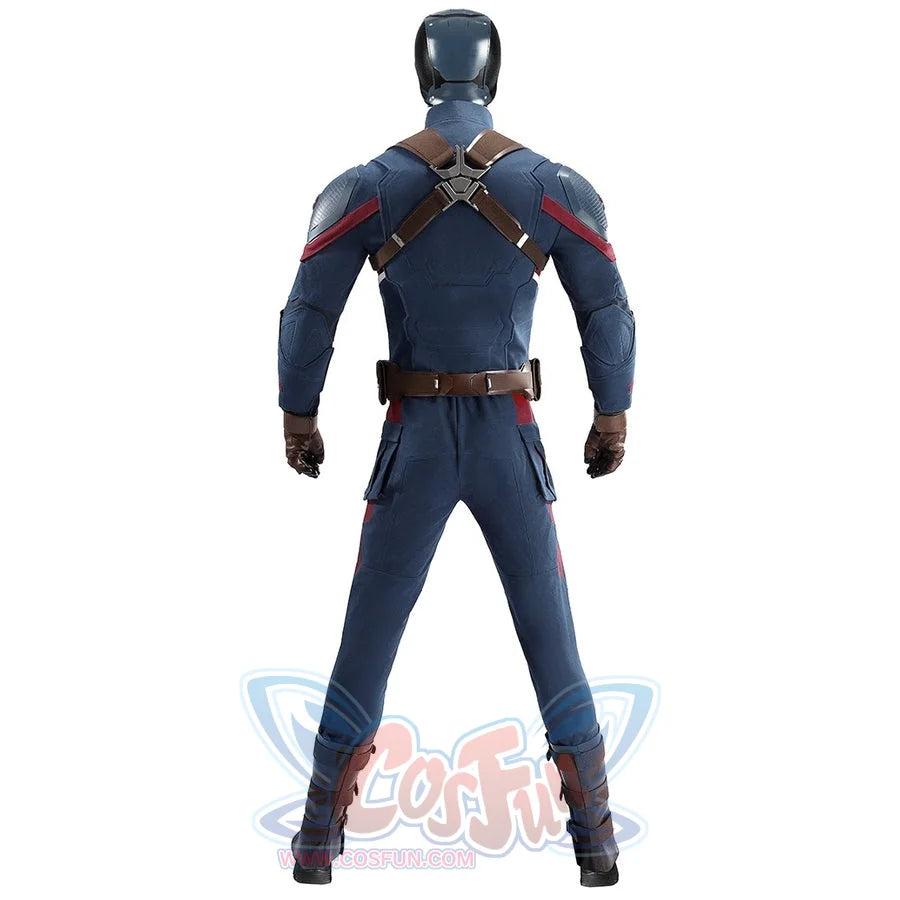 Captain Steve Rogers cosplay costume turns crossed back straps over the blue suit and boots.