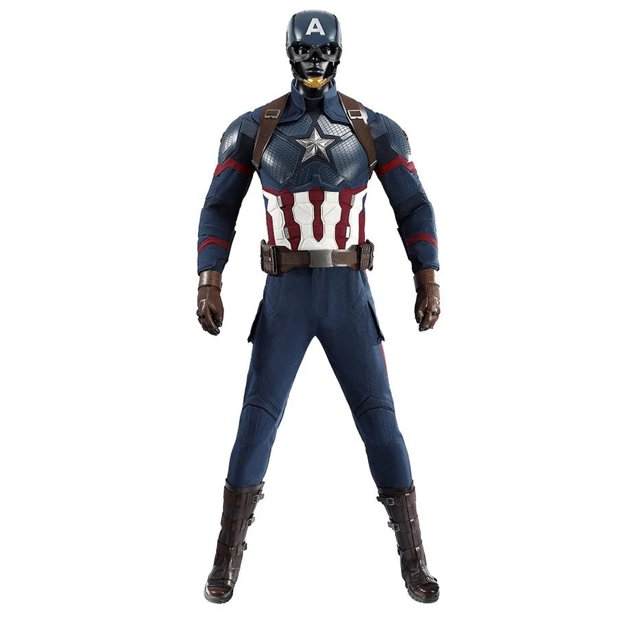 COSFUN Captain Steve Rogers cosplay costume centers the blue suit below the matching helmet and chest star.