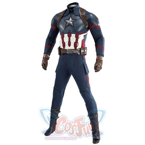 Captain Steve Rogers cosplay costume centers the full blue suit above dark boots.