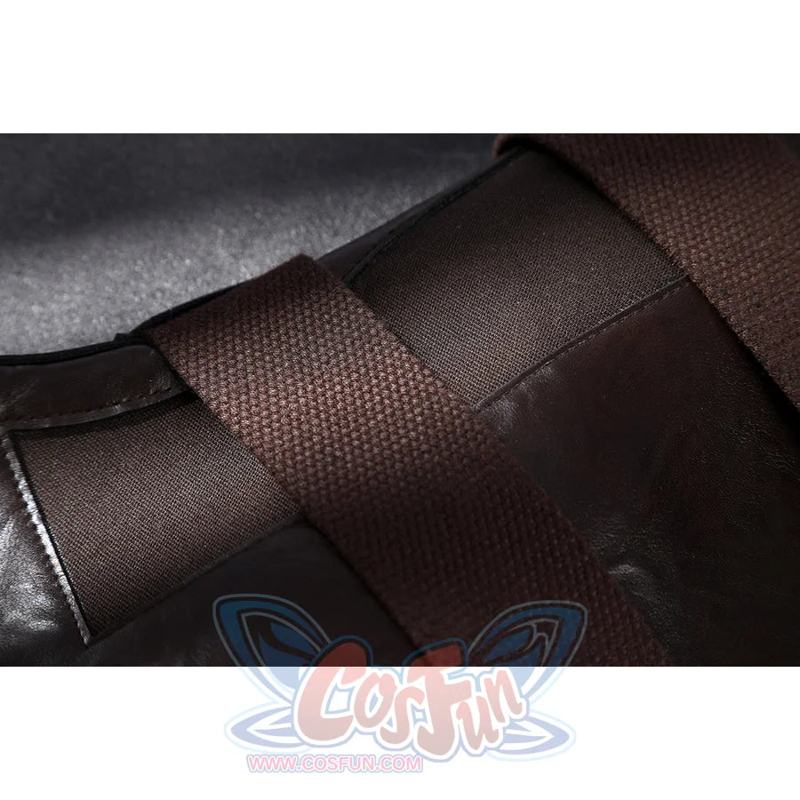 Captain Steve Rogers cosplay costume frames the gray knit collar and sleeve bands.