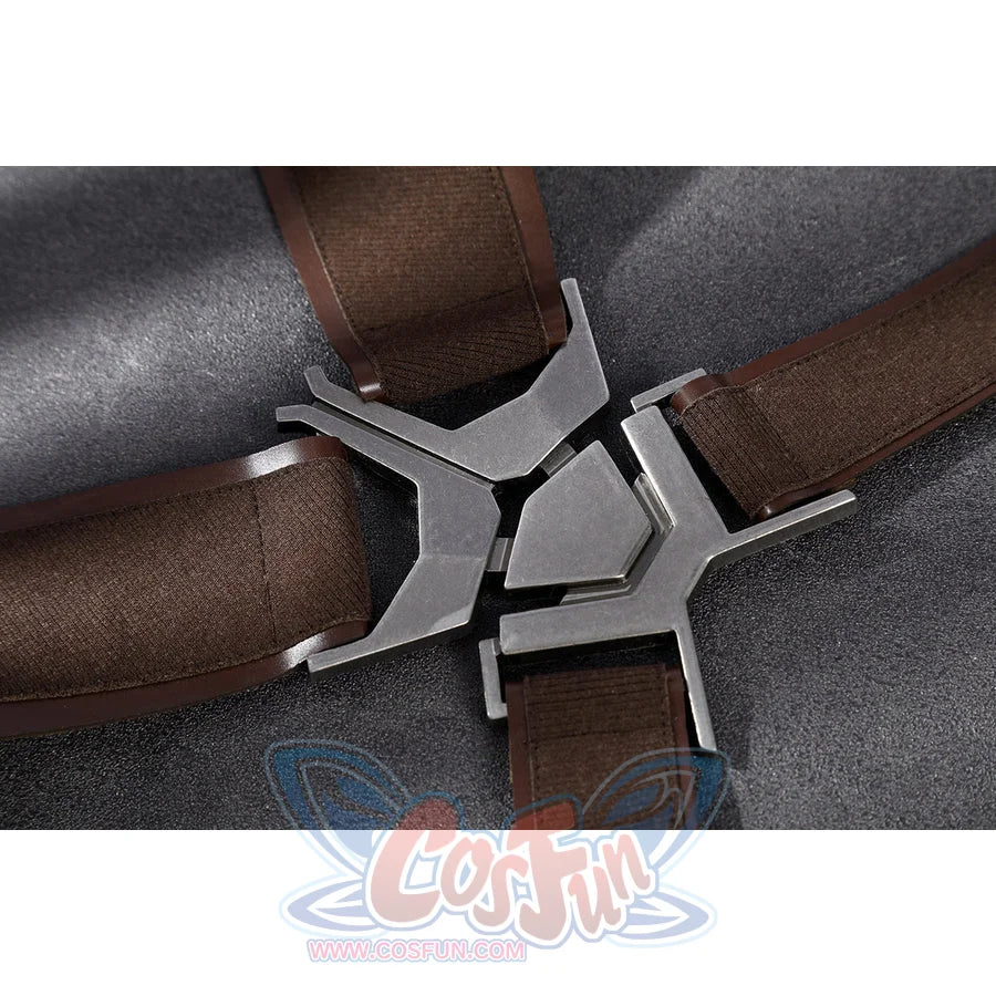 Captain Steve Rogers cosplay costume sets the gray knit underlayer above blue-green pants.