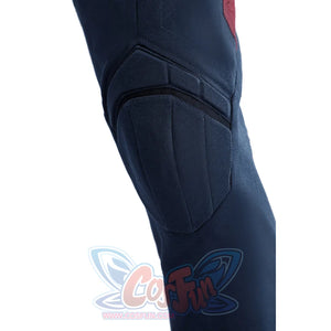 Captain Steve Rogers cosplay costume traces the blue knee pad on the fitted pant leg.