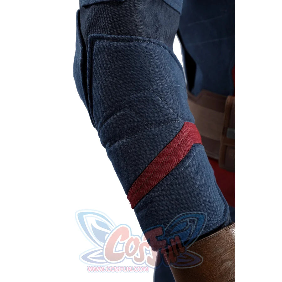 Captain Steve Rogers cosplay costume sets a red sleeve-style band beside the blue knee pad.