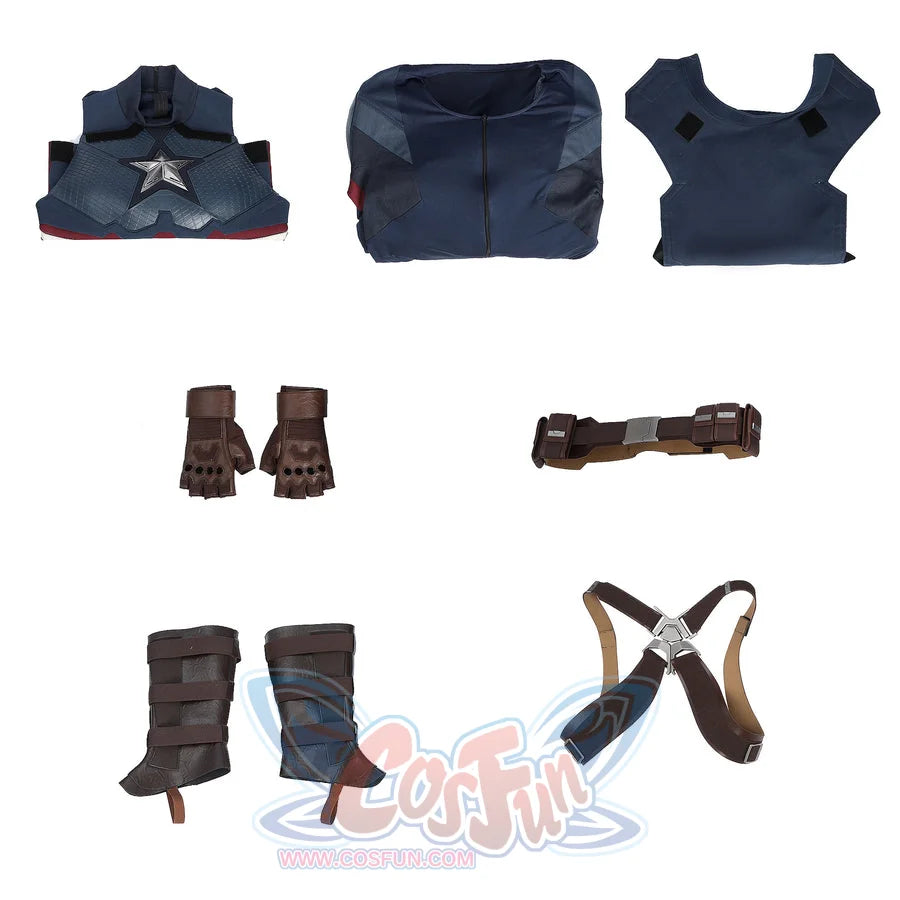 Captain Steve Rogers cosplay costume sets chest armor over crossed straps while gloves and boots complete the layout.