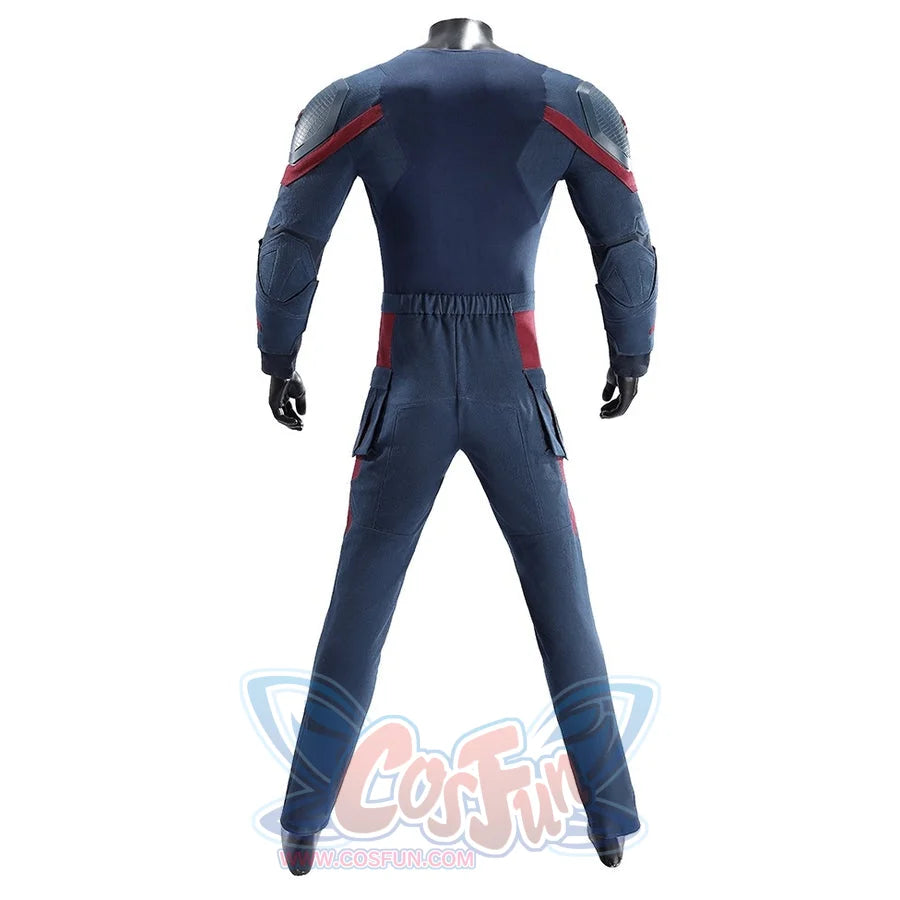 Captain Steve Rogers cosplay costume wraps the brown rear belt around the blue waist.