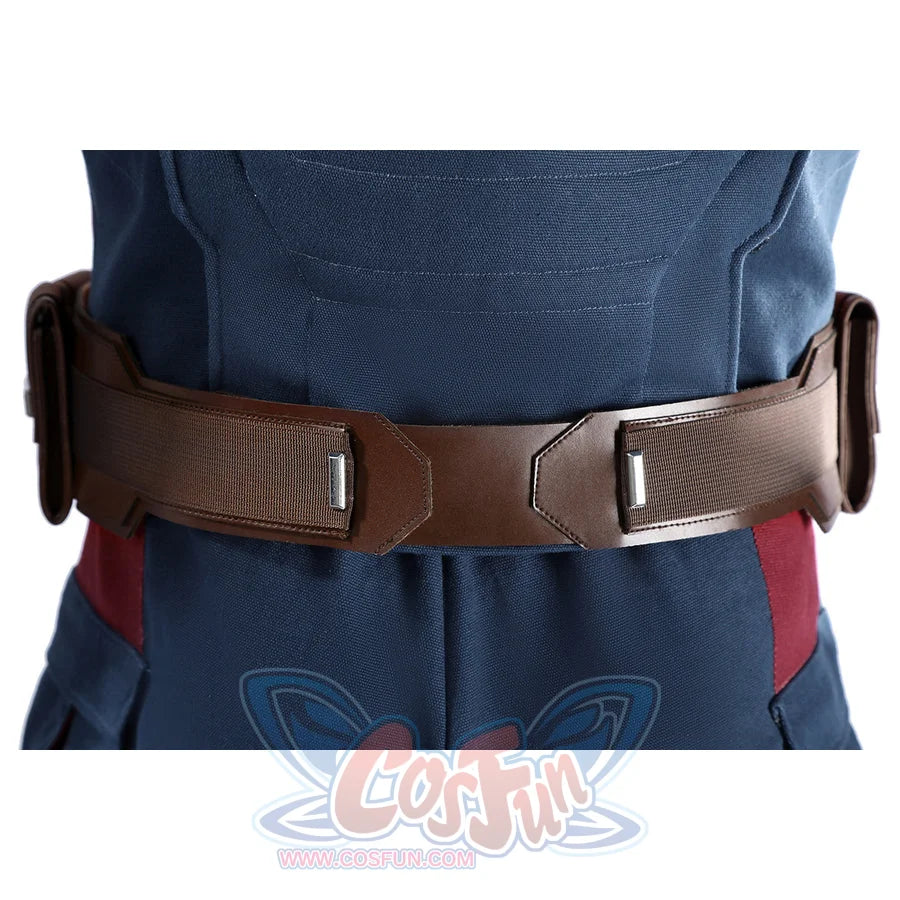 Captain Steve Rogers cosplay costume wraps the brown belt across the back waist.