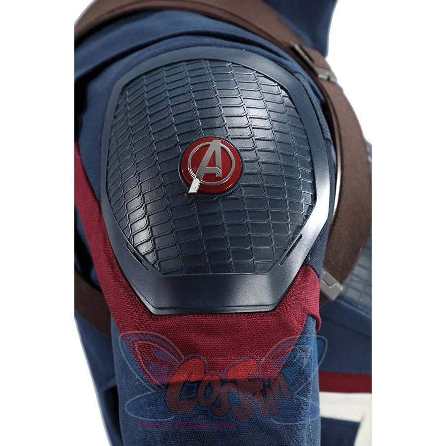 Captain Steve Rogers cosplay costume centers the red shoulder emblem in a close detail.