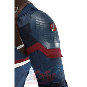 Captain Steve Rogers cosplay costume centers the red shoulder emblem on blue armor.