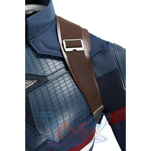 Captain Steve Rogers cosplay costume anchors a brown shoulder strap across blue armor texture.