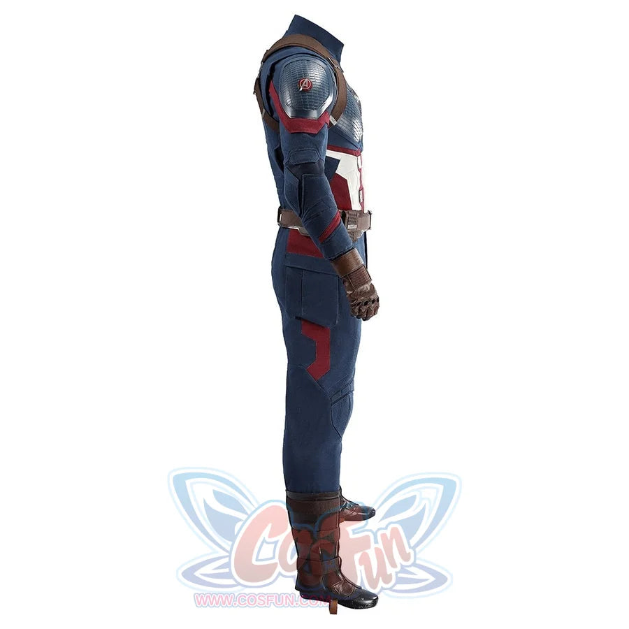 Captain Steve Rogers cosplay costume profiles the shoulder armor and red sleeve stripe.
