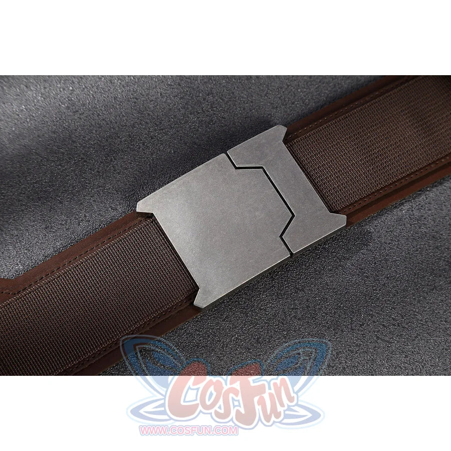 Captain Steve Rogers cosplay costume anchors a silver buckle plate on a brown strap.