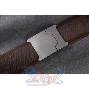 Captain Steve Rogers cosplay costume anchors a silver buckle plate on a brown strap.