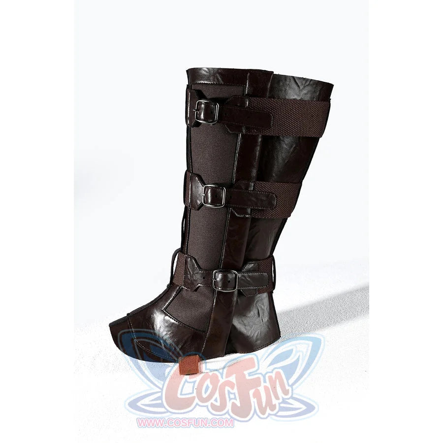 Captain Steve Rogers cosplay costume sets one brown strapped boot in a side product view.