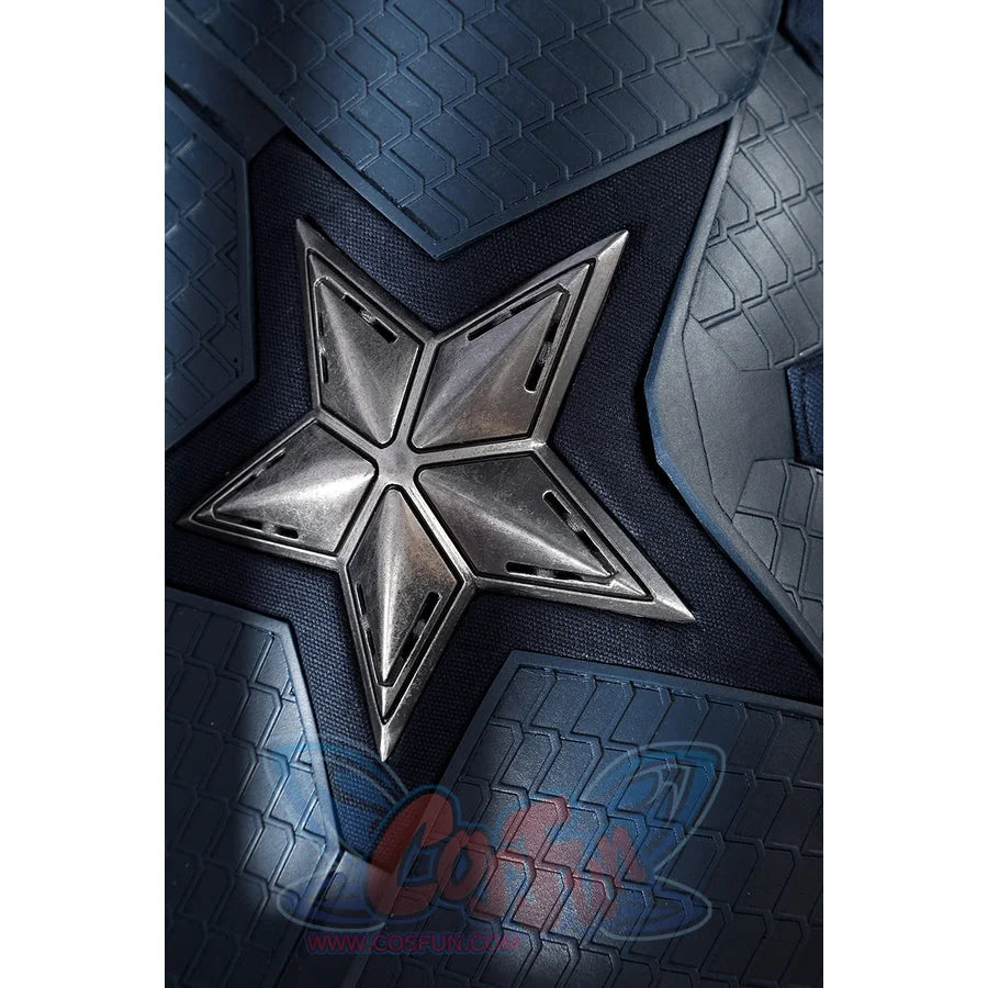 Captain Steve Rogers cosplay costume sets the silver star over blue scaled armor.