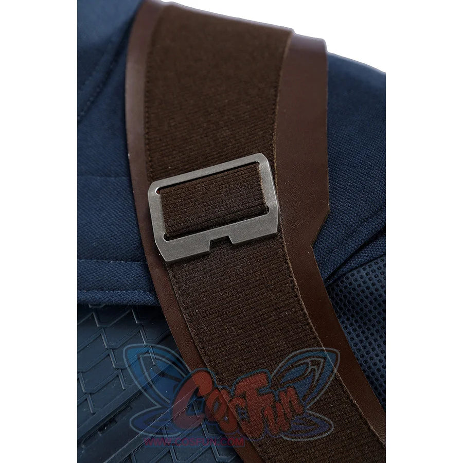 Captain Steve Rogers cosplay costume frames the shoulder strap buckle in a close detail.