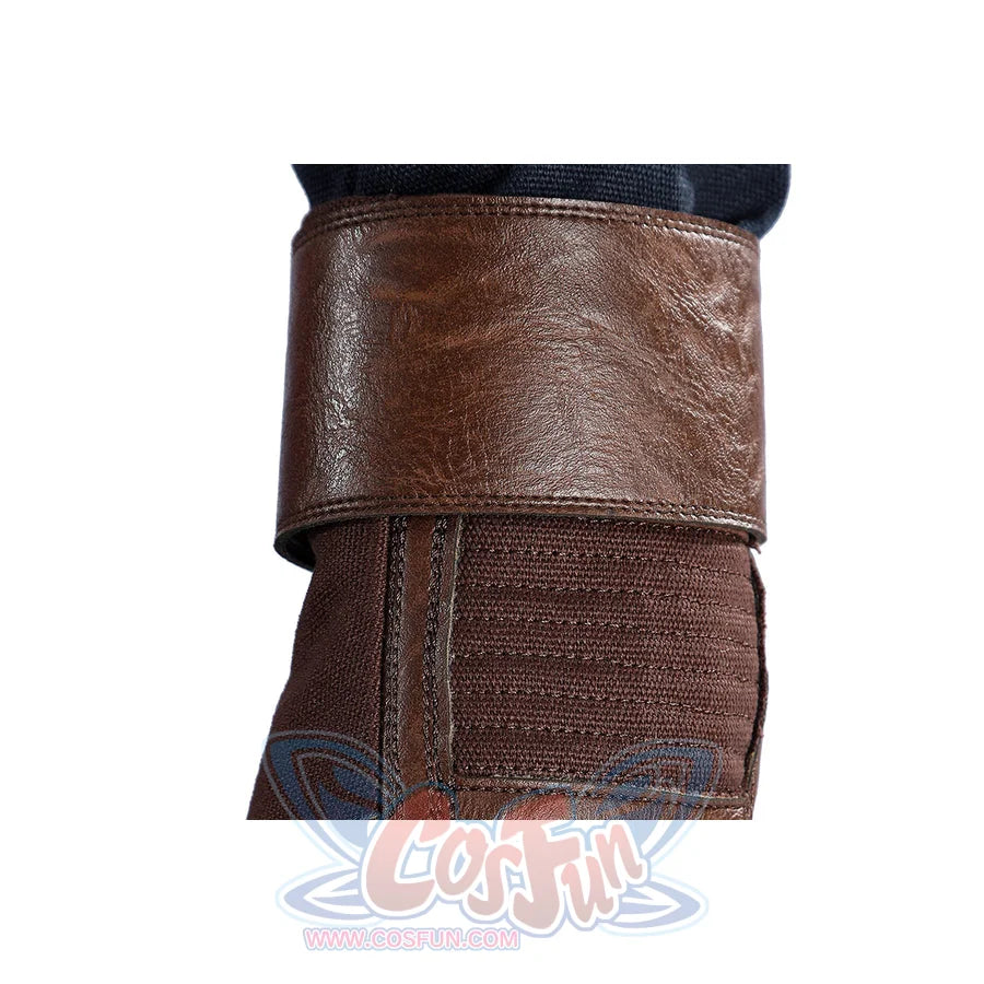 Captain Steve Rogers cosplay costume wraps the brown wrist cuff over blue sleeve fabric.