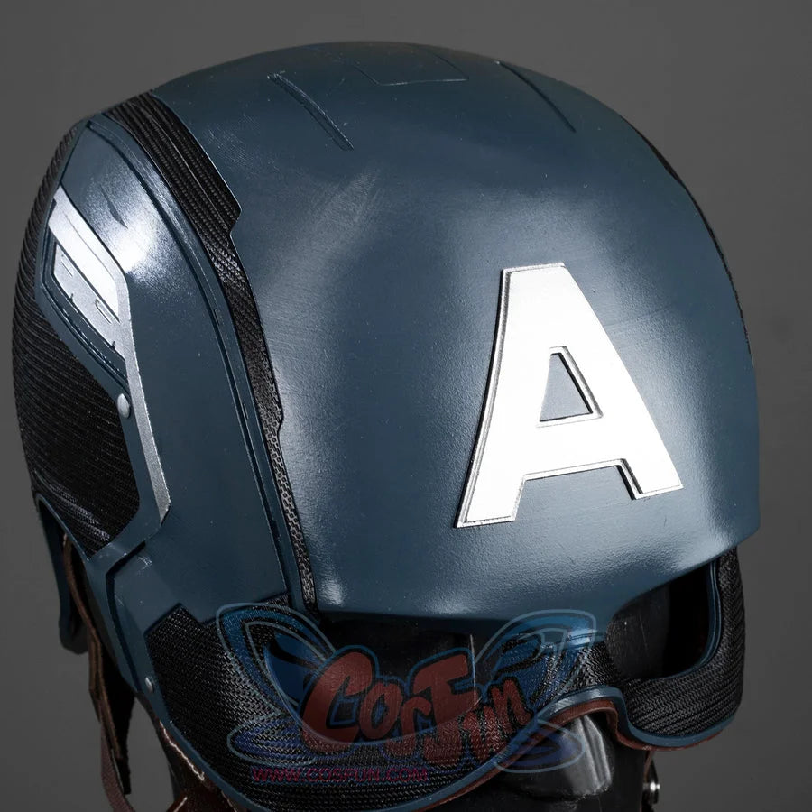 Captain Steve Rogers cosplay helmet angles the raised A emblem across the blue crown.
