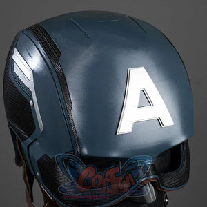 Captain Steve Rogers cosplay helmet angles the raised A emblem across the blue crown.