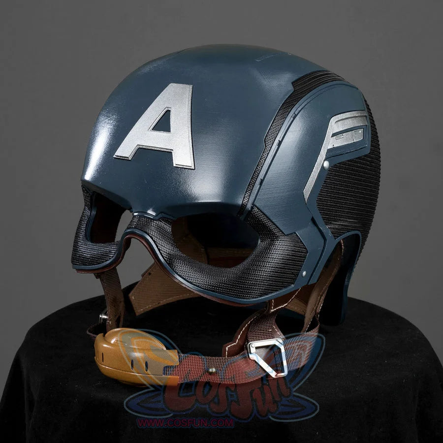 Captain Steve Rogers cosplay helmet angles the visor and gold-tone mouth guard toward the front.