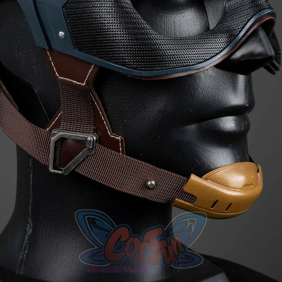 Captain Steve Rogers cosplay helmet frames brown chin straps around the gold-tone mouth guard.