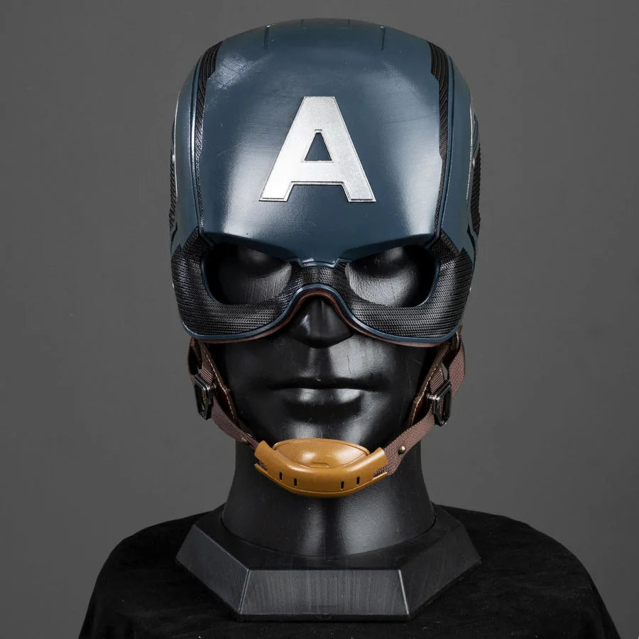 COSFUN Captain Steve Rogers cosplay helmet centers the blue helmet front around a silver A emblem.