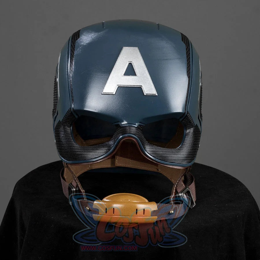 Captain Steve Rogers cosplay helmet centers the black visor below the blue A emblem.