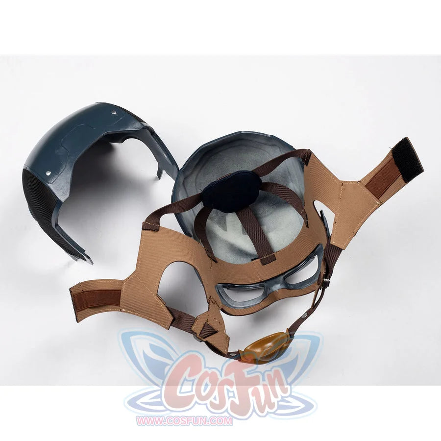 Captain Steve Rogers cosplay helmet opens the helmet interior around brown strap panels.